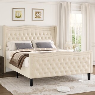 King Size Upholstered Platform Bed with Velvet Headboard and Lift-Up Storage, Sturdy Pine