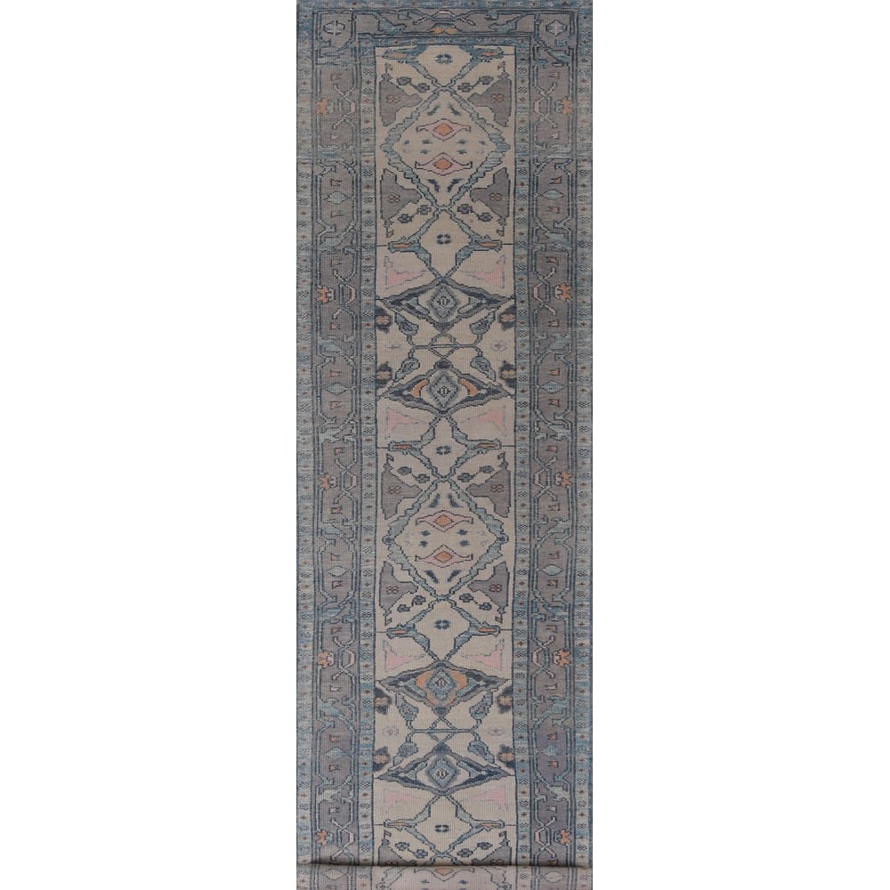 Hand Knotted Oriental 100% Wool Carpet Transitional Geometric Beige & Ivories Oushak Runner Rug - 14' 11'' X 3' 2''