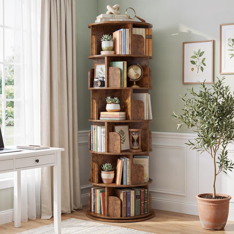 4/5/6 Tiers Round Rotating Bookcase, Revolving Floor Standing Bookshelf Corner Organizer Display - Brown-6T