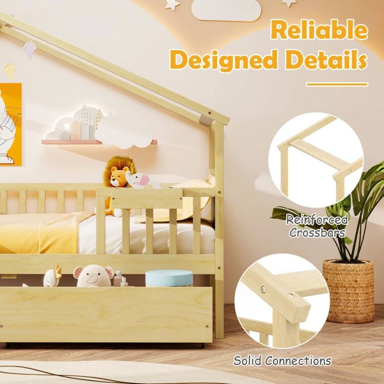 Twin House Bed with 2 Storage Drawers and Roof & Fence Rails