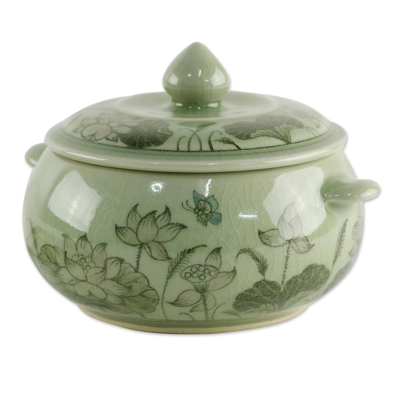 Handmade Lotus Bouquet Celadon Ceramic Soup Bowl (Thailand) - 4.3" H x 6.25" W x 5.25" D