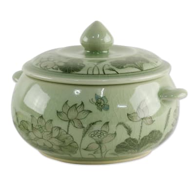 Handmade Lotus Bouquet Celadon Ceramic Soup Bowl (Thailand) - 4.3" H x 6.25" W x 5.25" D