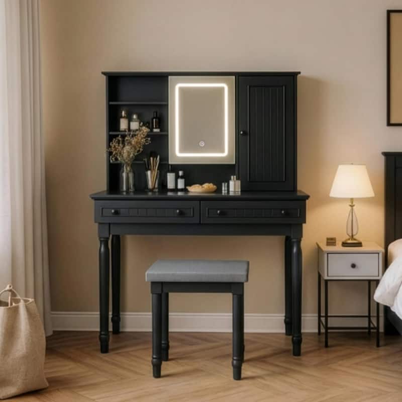 Vanity Desk with Adjustable Lighted Mirror & Upholstered Stool