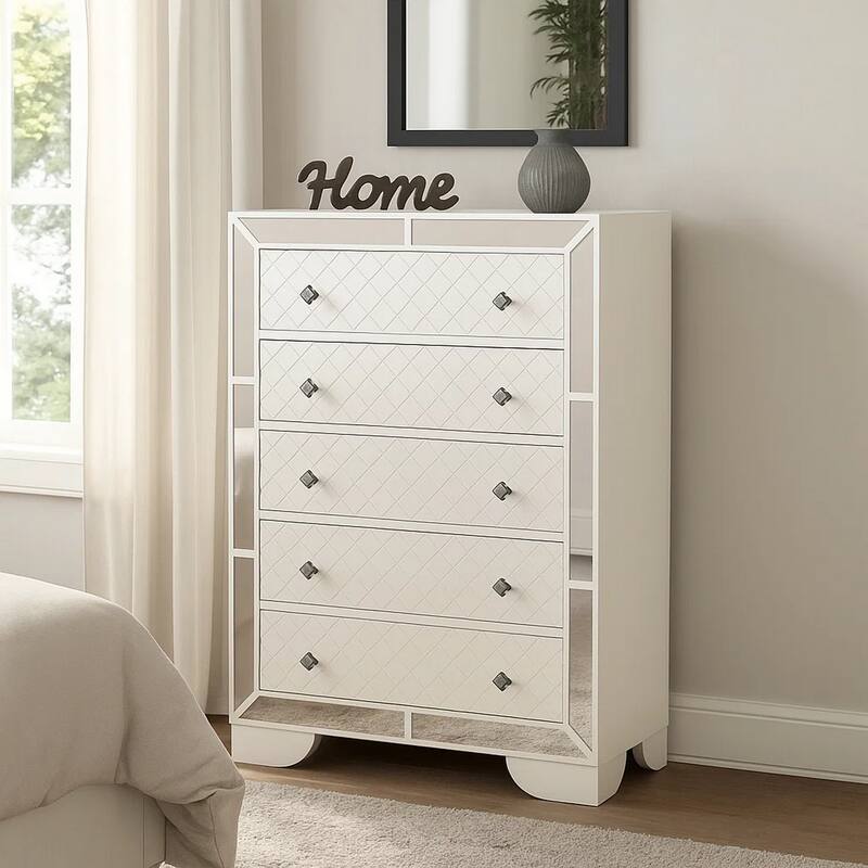 Athon Tall Dresser Chest with 5 Drawers, Diamond Patterns, Ivory Wood
