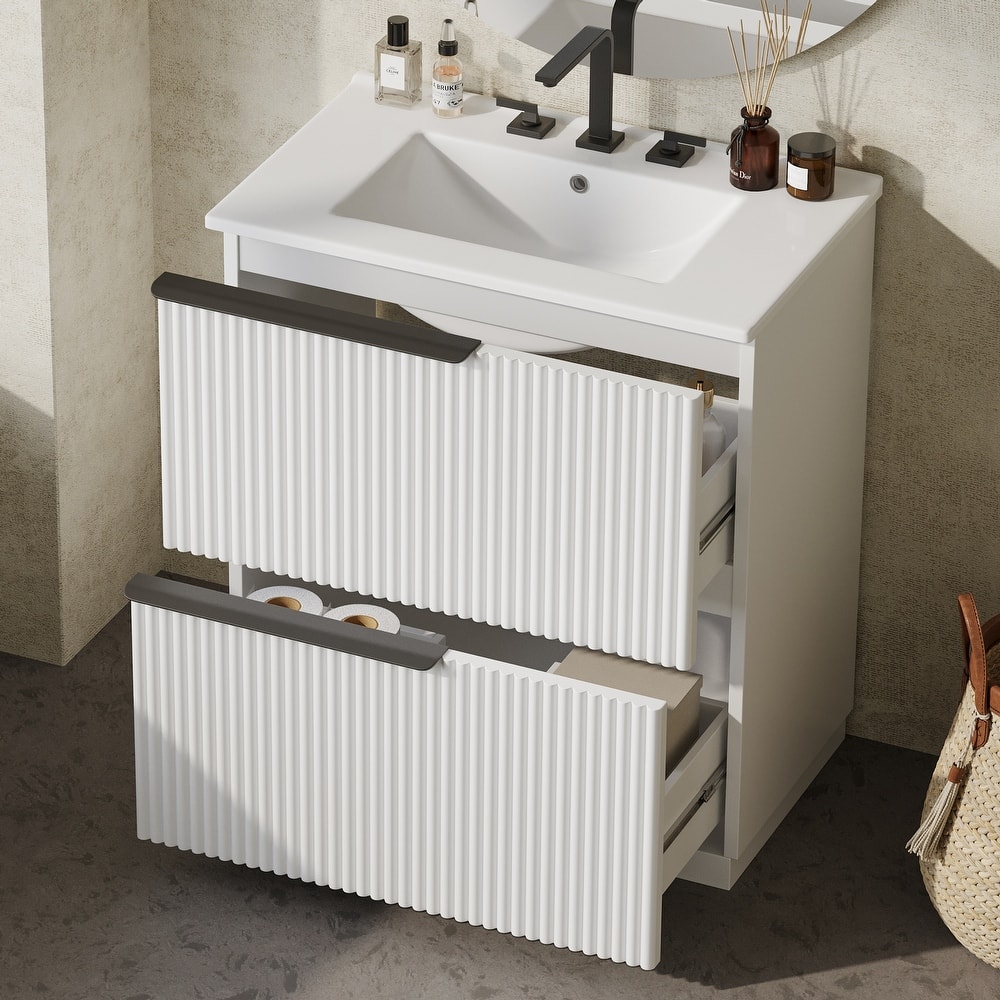 Roomfitters 30" Bathroom Vanity with Ceramic Sink, Full-Extension Soft-Close storage units and Fluted Design