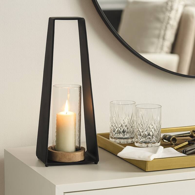 Candle Holder - Black Metal Glass Pillar Hurricane - 20.5"