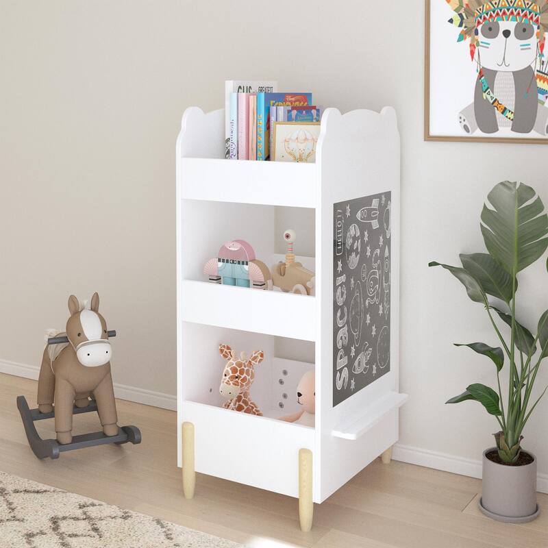 Kids Bookshelf Chalkboard Side Bear Shaped Wooden Bookcase 3 Tier Storage Drawing Board Toy Book Organizer Playroom Bedroom