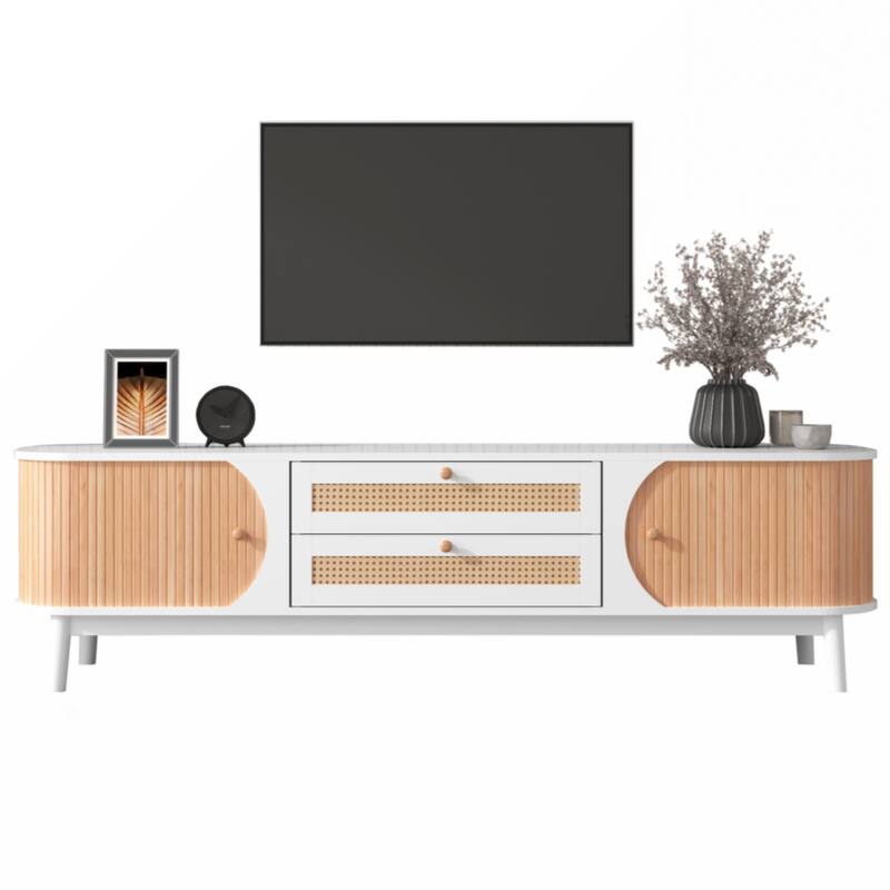 Rattan TV Stand for TVs up to 75'', Modern Farmhouse Media Console, Entertainment Center with Solid Wood Legs