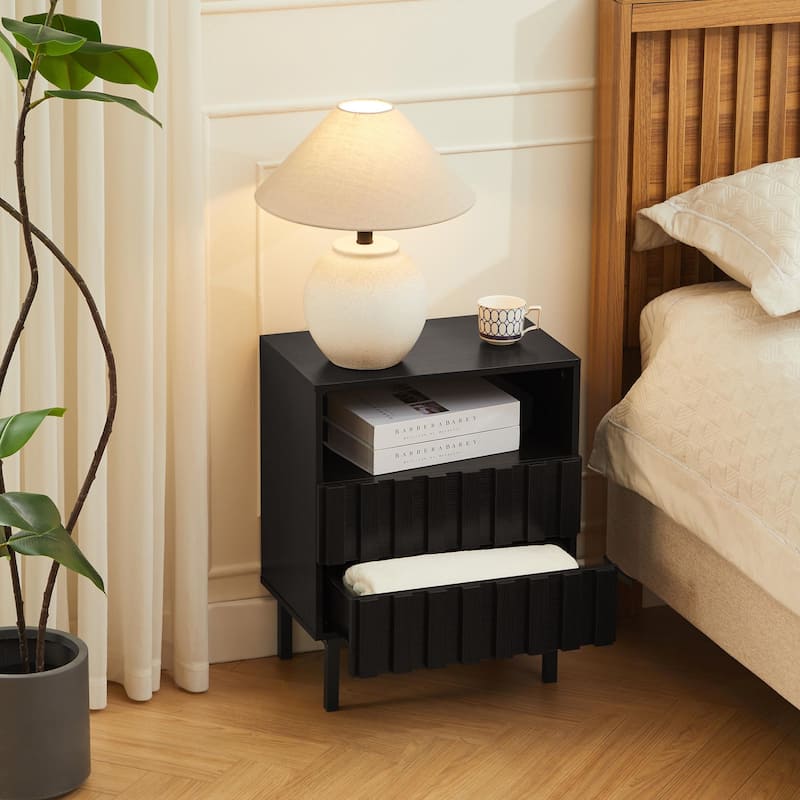 Mid Century Woodgrain Nightstand Pair 2 Drawers Bedside Table