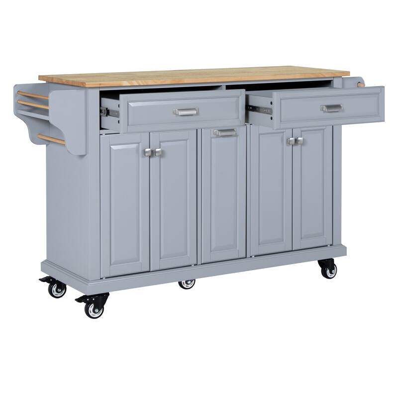 Kitchen Island with Rubber wood Countertop, Kitchen Cart on 5 Wheels with Storage Cabinet and 2 Top Drawers