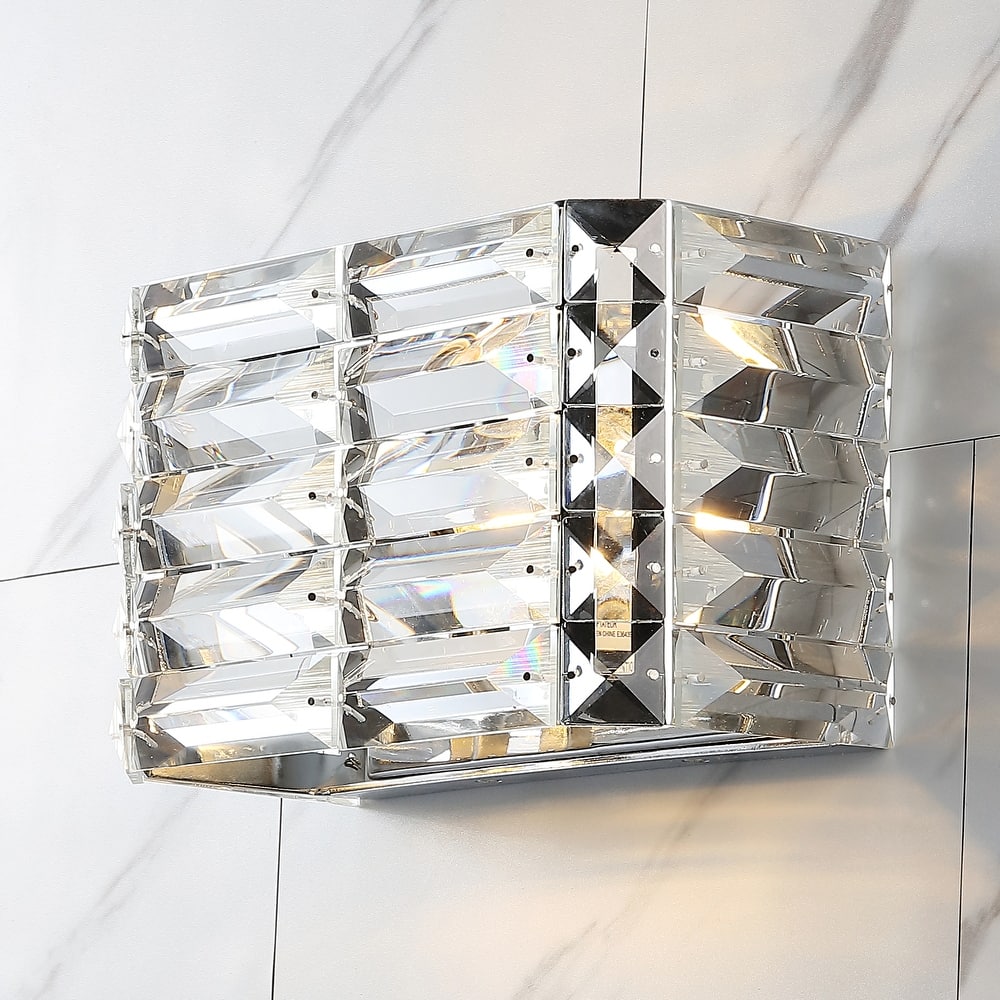 Maeve Crystal Rectangle 3-Light Iron/Crystal Glam Modern LED Vanity Light, by JONATHAN Y