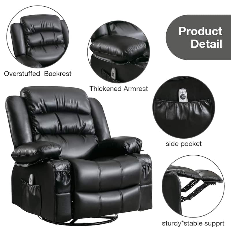 360 Degree Swivel Recliner Chair,Power Massage Cahir with Heat - Black