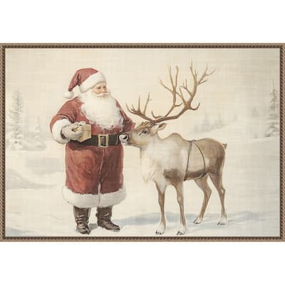Santa Claus with Reindeer in Winter Wonderland by Melloi Art Prints Framed Canvas Wall Art Print - Sylvie Beaded Dark Gold