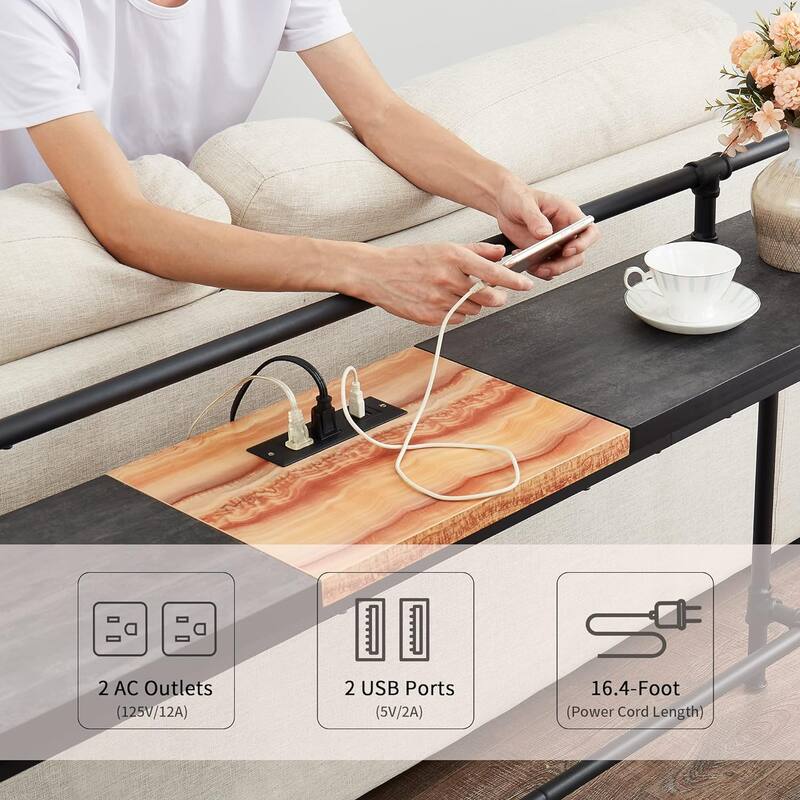 Mid Century Console Table with Power Outlet, Narrow Sofa Table, Sofa Couch Table with Charging Station USB Port