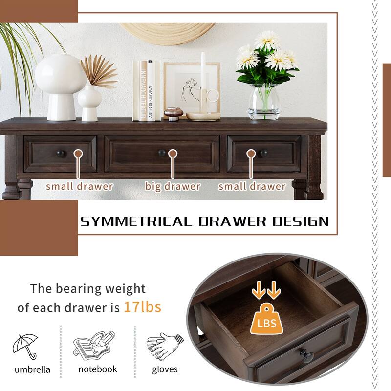 Retro Console Table with 3 Drawers and Bottom Shelf