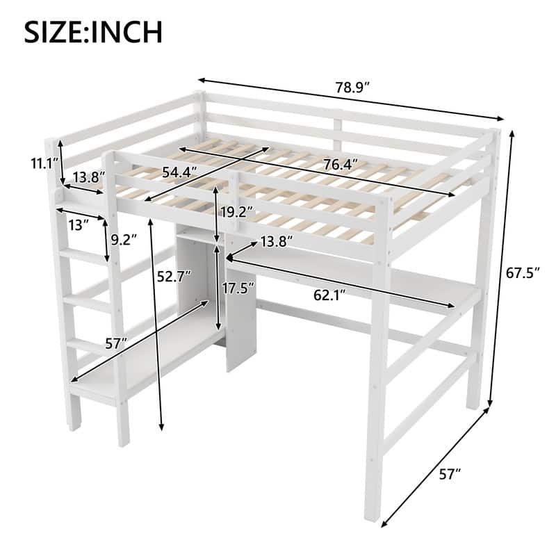 Full Size Loft Bed with Shelves and Under-bed Desk