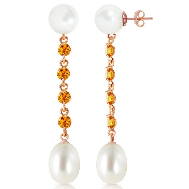 14K Solid Gold Chandelier Natural Citrine & Pearl Gemstone Earrings - Rose