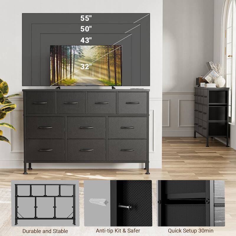 10 Drawer Dresser Fabric 43.3" TV Stand Power Outlet Chest of Drawers