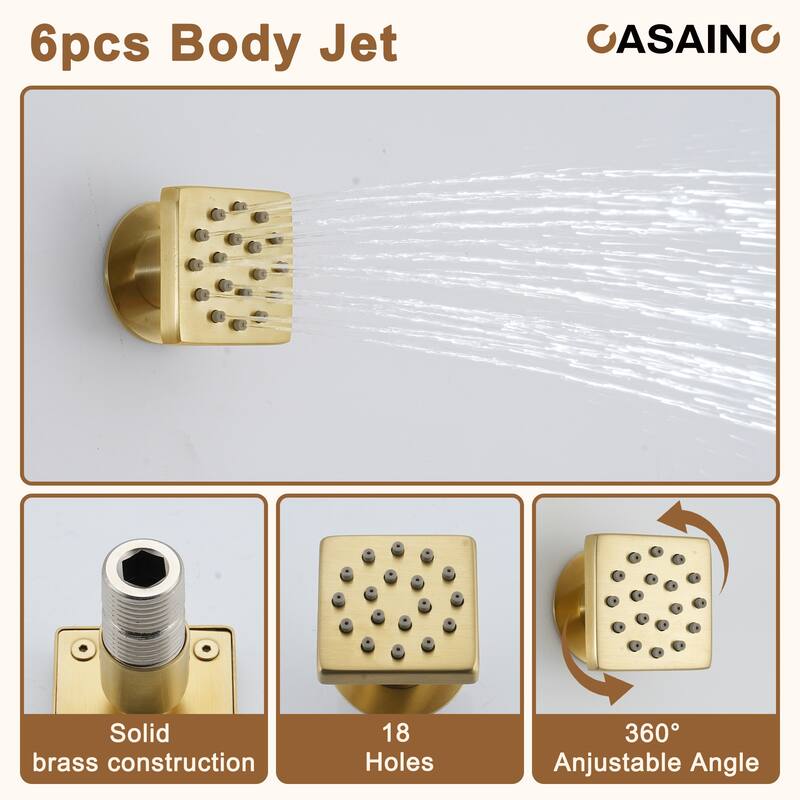 Luxury Thermostatic Shower System 1-Spray Patterns Ceiling Mount Fixed Shower Head and Handheld Spray with 6 Body Jets