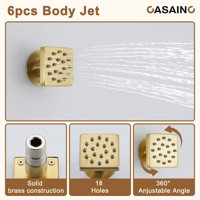 Luxury Thermostatic Shower System 3-Spray Patterns Wall Mount Fixed Shower Head and Handheld Spray with 6 Body Jets - 12" x 12"