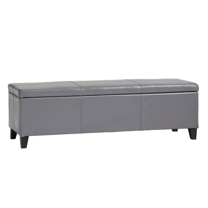 Elias Storage Ottoman Bench, Gray Faux Leather, Stitch Detail, 51 Inch