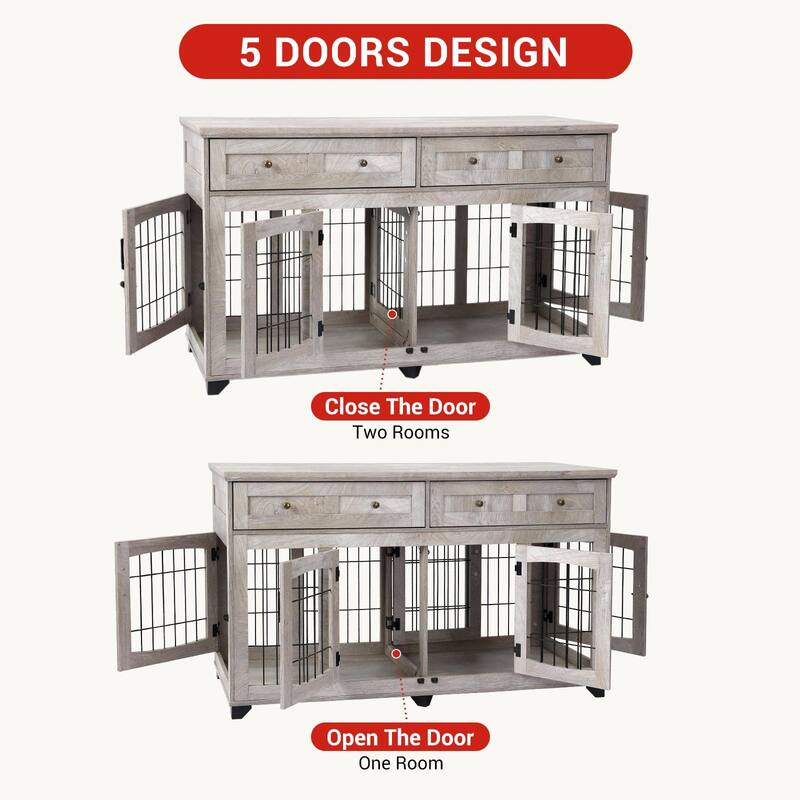 Double Dog Crate Furniture with Drawers, Removable Divider, and Storage Table