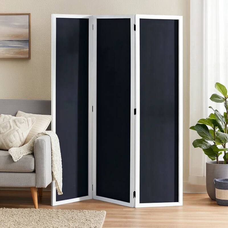 Chalkboard and Wooden 3 Panel Room Divider, Black and White