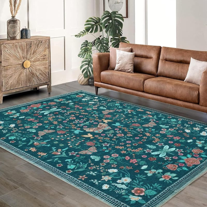 Modern Floral Machine Washable Indoor Waterproof Area Rug for Bedroom, Living Room, Dark Green - 2' x 3' - Green 9*12ft