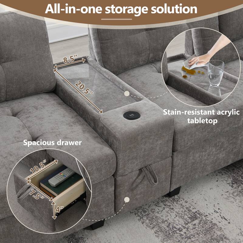 104" Chenille U-Shaped Sectional Sofa with 2 Acrylic Tables, USB Charging and Storage Ottoman