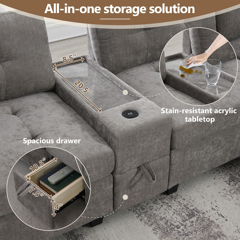 U Shaped Sectional Couch Set w/ USB Charger, Storage Drawers & Pockets