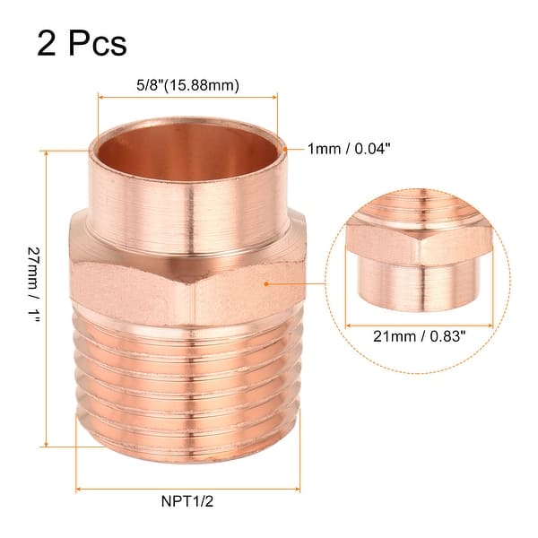 Copper Thread Adapter 2pcs 5/8 Inch Copper Male Adapters NPT1/2 Reducing Thread Fitting - Bed ...