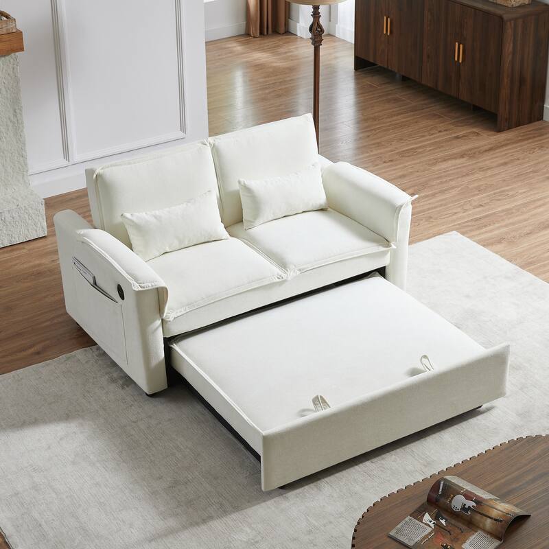 55" Fabric Sofa Bed with Sleeper, Adjustable Backrest & 2 Lumbar Pillows