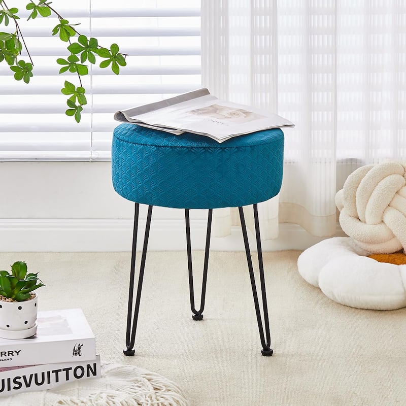 Modern Velvet Ottoman Footstool with Cushioned Seat and Metal Frame for Bedroom or Living Room - 13”L x 13”W x 17”H