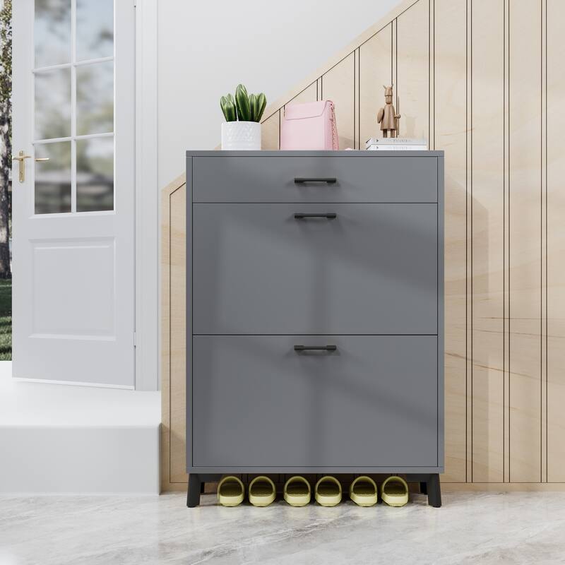 Free-Standing Shoe Organizer Cabinet with 2 Flip-Top Drawers and Metal Legs, Ample Storage for Hallway, Entryway and Porch