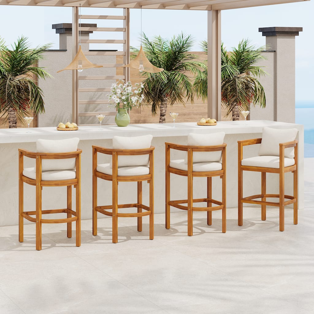 Christopher Knight Home - Abaco Outdoor Barstool Set of 4, Teak Finish Acacia Wood Frame with Beige Cushions.