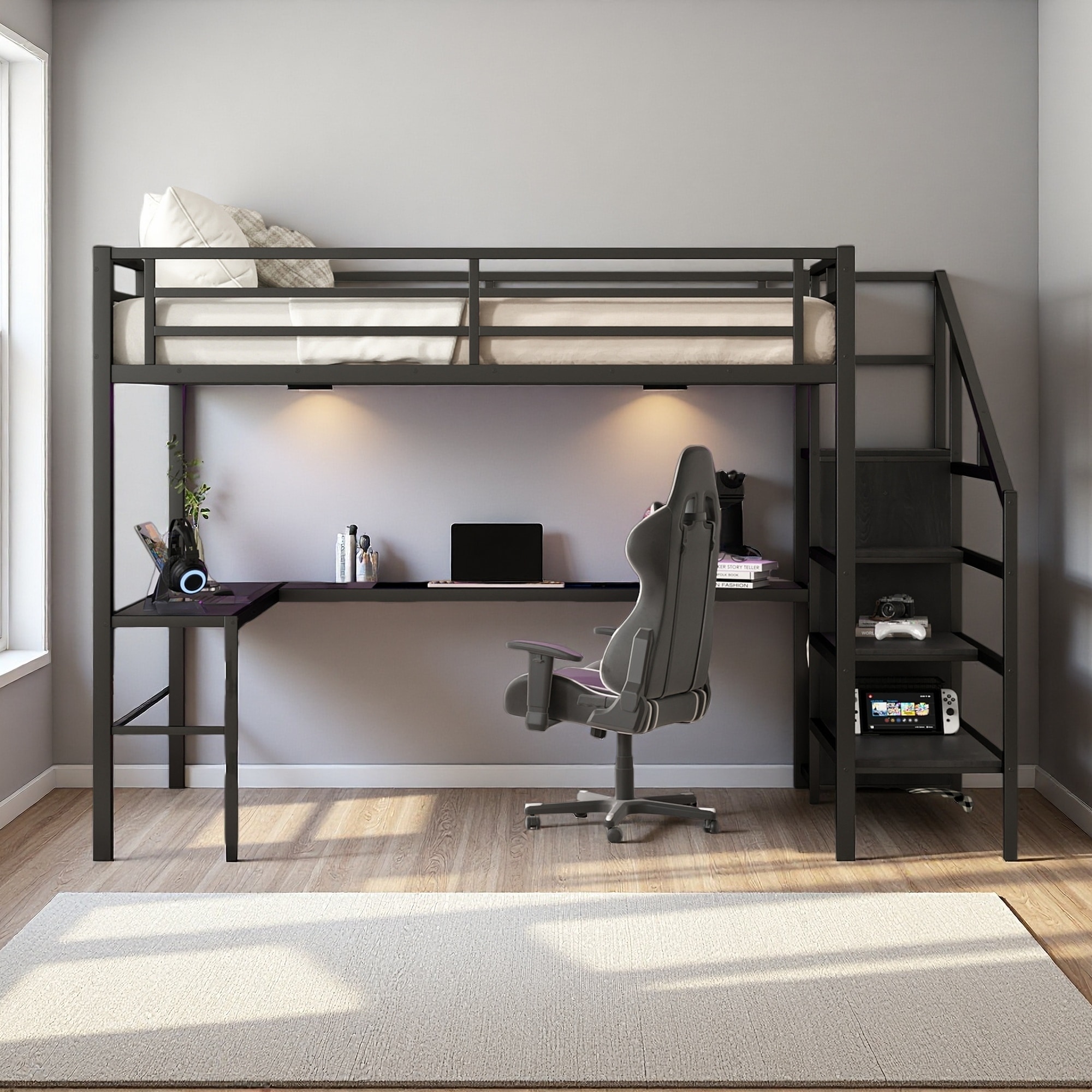 Queen Size Metal Loft Bed with L-Shaped Desk, USB Charging, Wardrobe, Adjustable Shelf, and LED Lighting