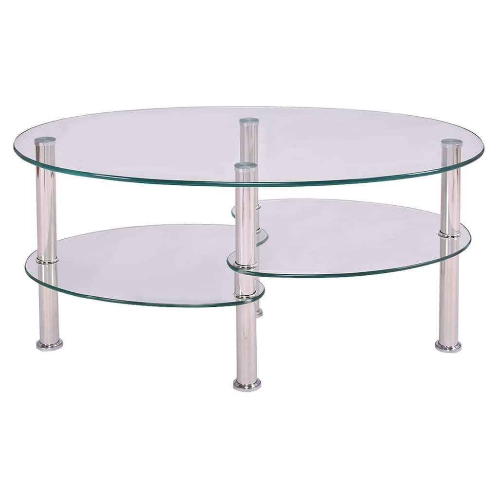 Modern Oval Tempered Glass Coffee Table with Bottom Shelf - 35" x 20" x 18"