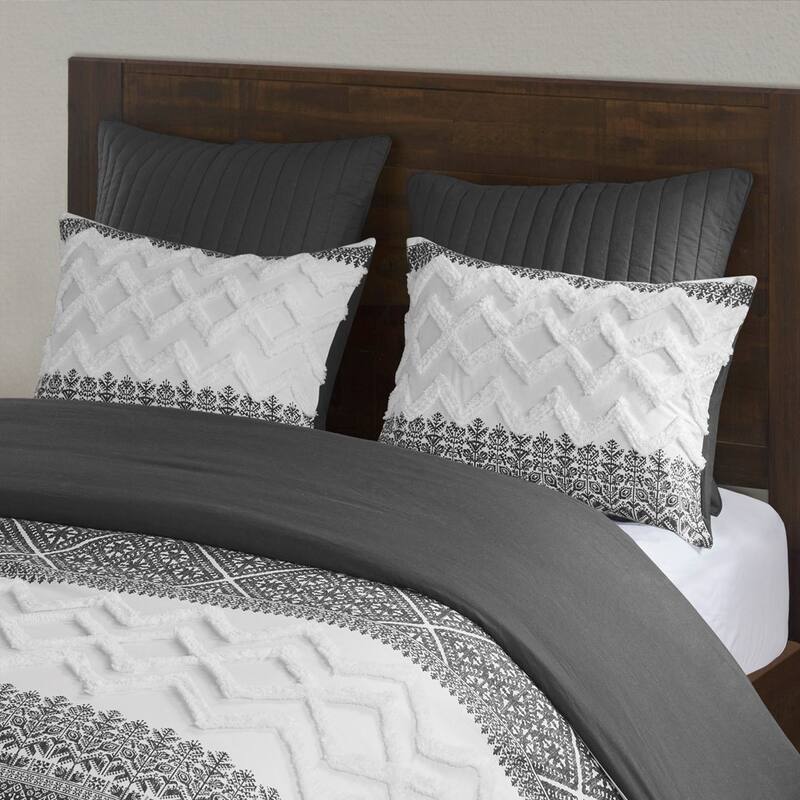 3 Piece Cotton Comforter Set with Chenille Tufting Gray Full/Queen