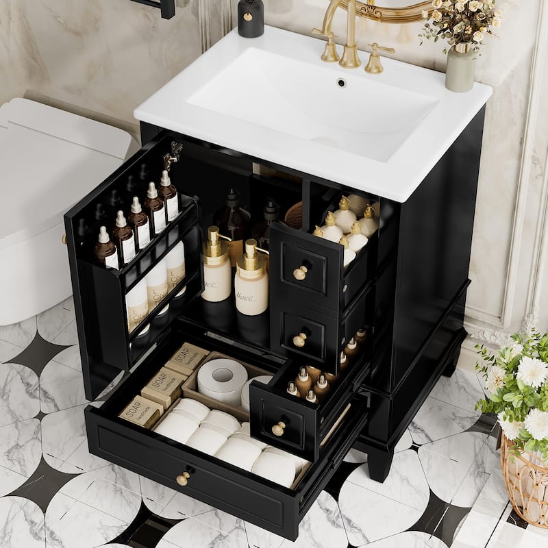 24" Bathroom with Sink and Drawers,Freestanding Cabinet with Ceramic Top and Shelves,MDF and Wood Base,Modern Sink Cabinet - Black