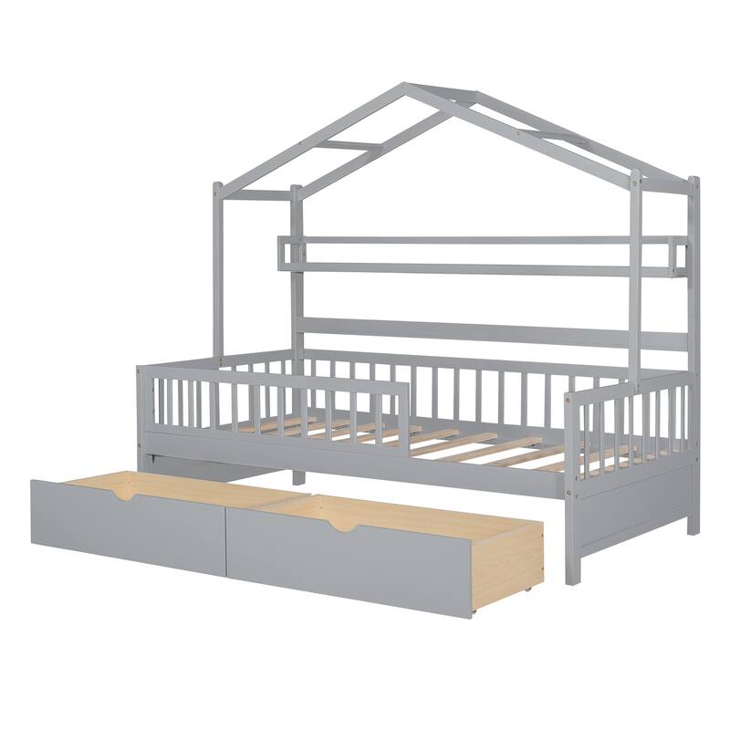Pinewood House Bed with Roof, 2 Drawers, and Shelf, Full-Length Guardrails