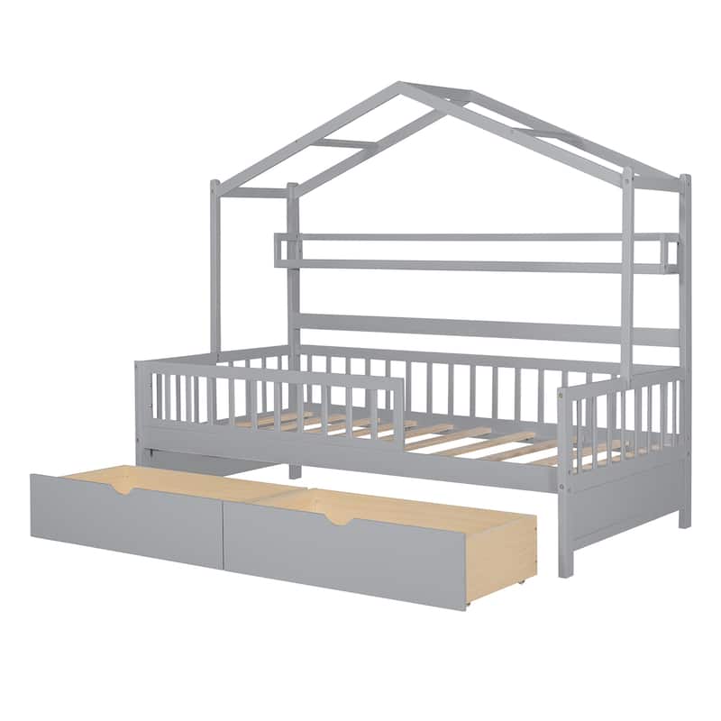Wood House Bed with 2 Drawers, Kids Bed with Storage Shelf