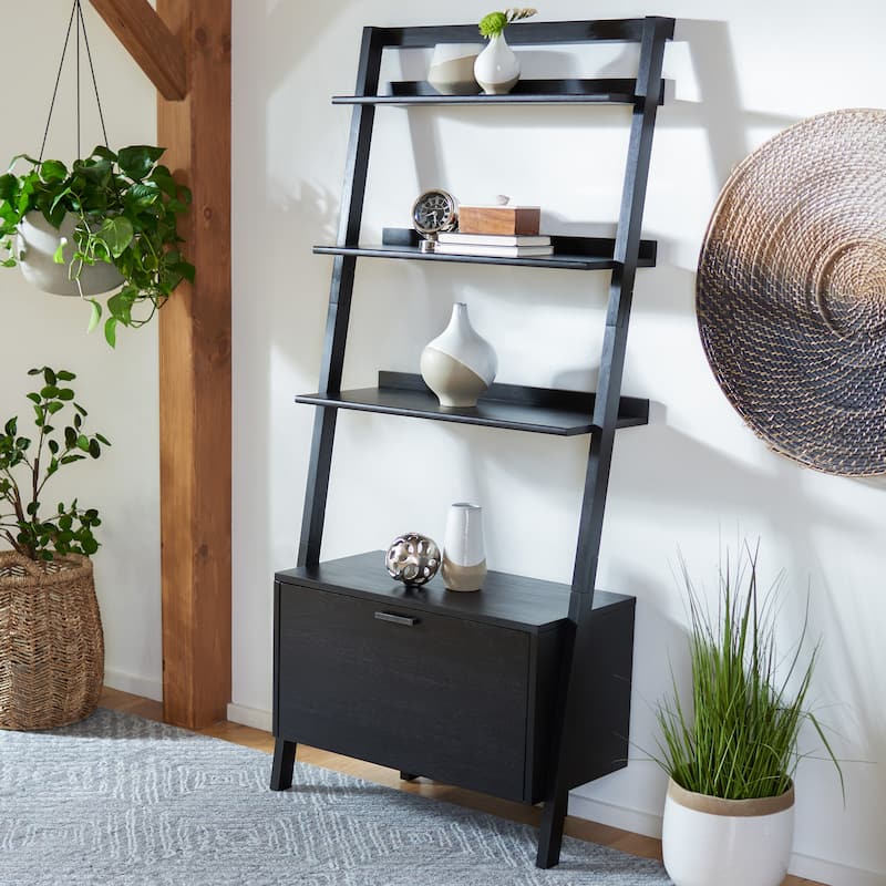 SAFAVIEH Fadime Natural/Charcoal 3-Shelf 1 Door Etagere - 32" W x 15.4" L x 72" H - 32Wx15Dx72H