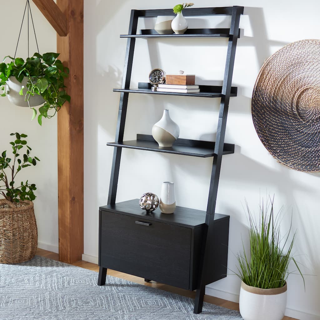 SAFAVIEH Fadime Natural/Charcoal 3-Shelf 1 Door Etagere - 32" W x 15.4" L x 72" H - 32Wx15Dx72H
