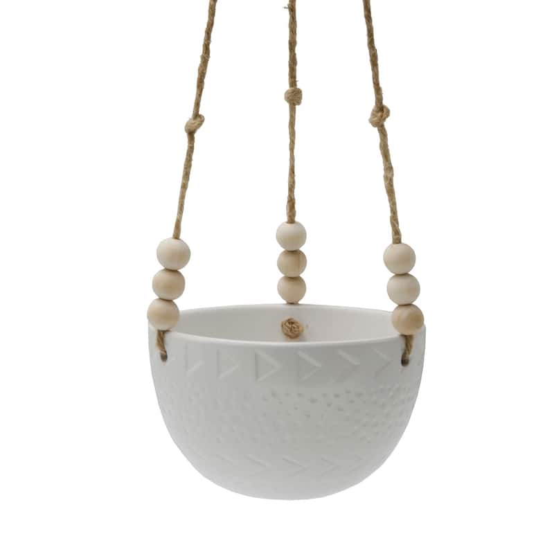 5.375" Caveman Ceramic Hanging Planter with Beads - White