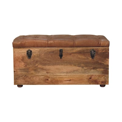 Artisan Furniture Solid Wood Buffalo Hide Oak-ish Storage Trunk, Brown with storage
