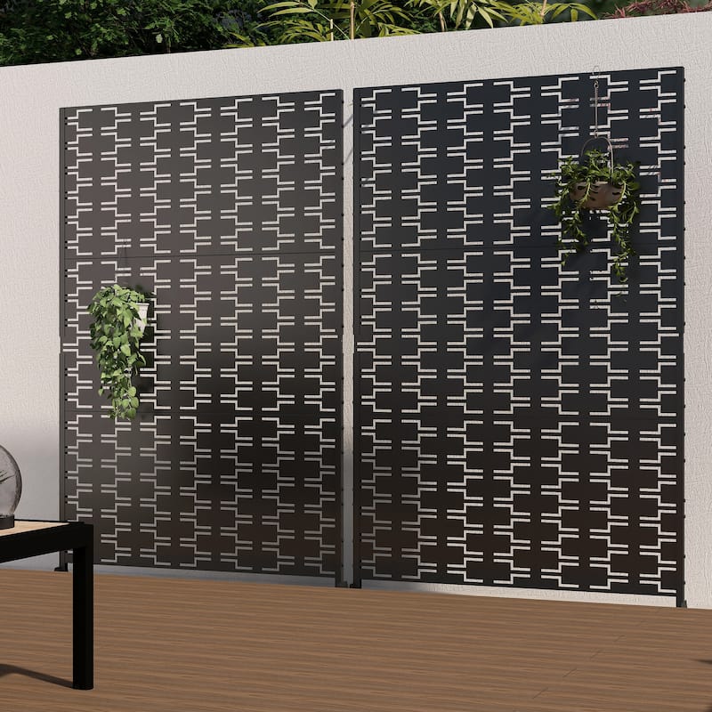 Outdoor Privacy Screen with Stand for Patio Garden Metal Fence - Black - 013-Rectangle