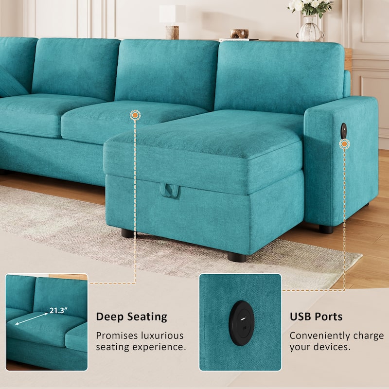 103.9" Convertible U-shaped Sofa with 2 Storage Chaise Lounges, 4 USB Ports, Teal, Polyester