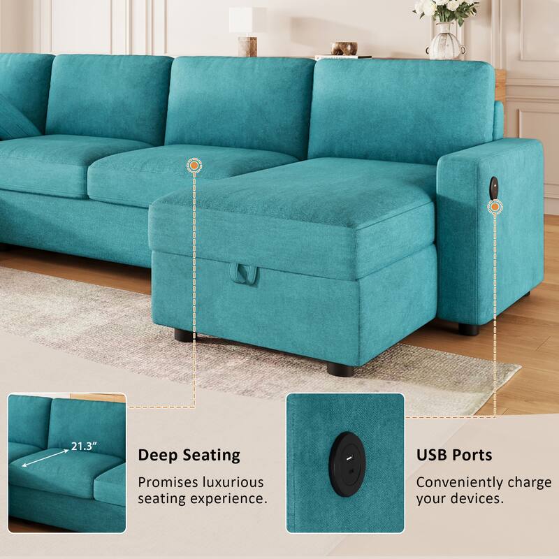 103.9" Polyester U-Shaped Sectional Sofa with 2 Storage Chaises & 4 USB Ports