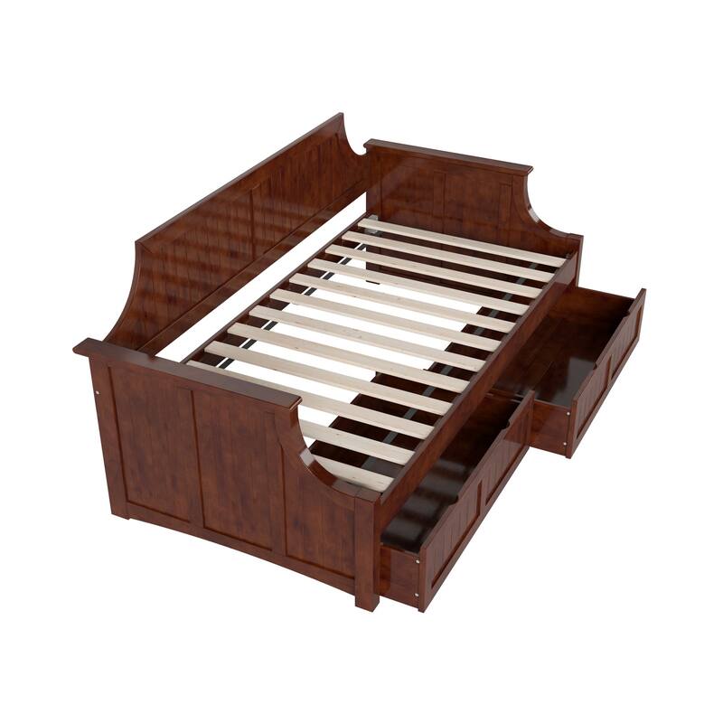 Twin Daybed with Drawers - Walnut Wood Frame, Curved Back, Underbed Storage