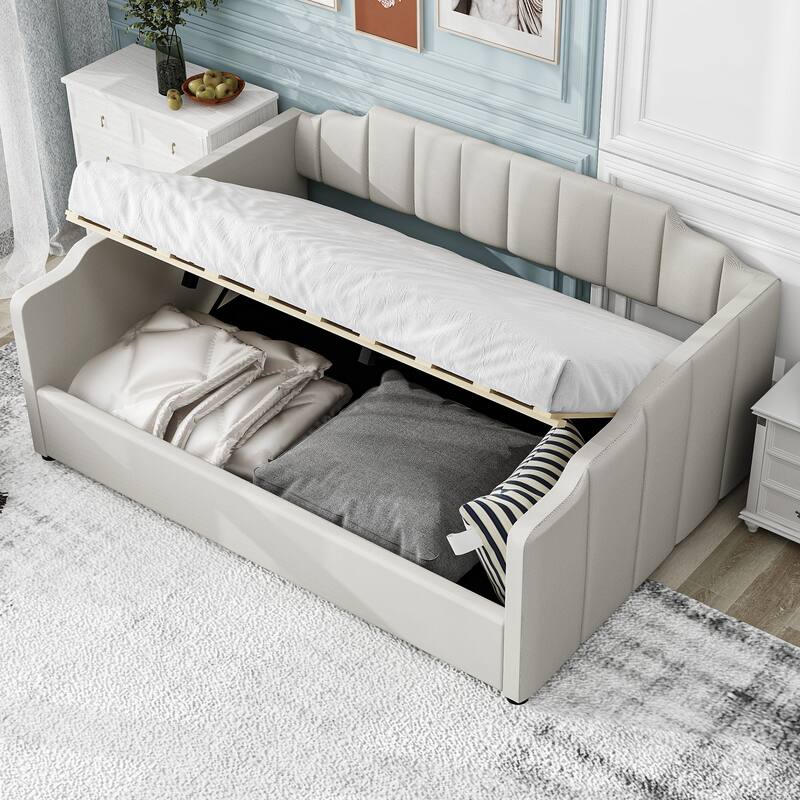 Full Size Upholstered Daybed with Underneath Storage in Beige - Beige